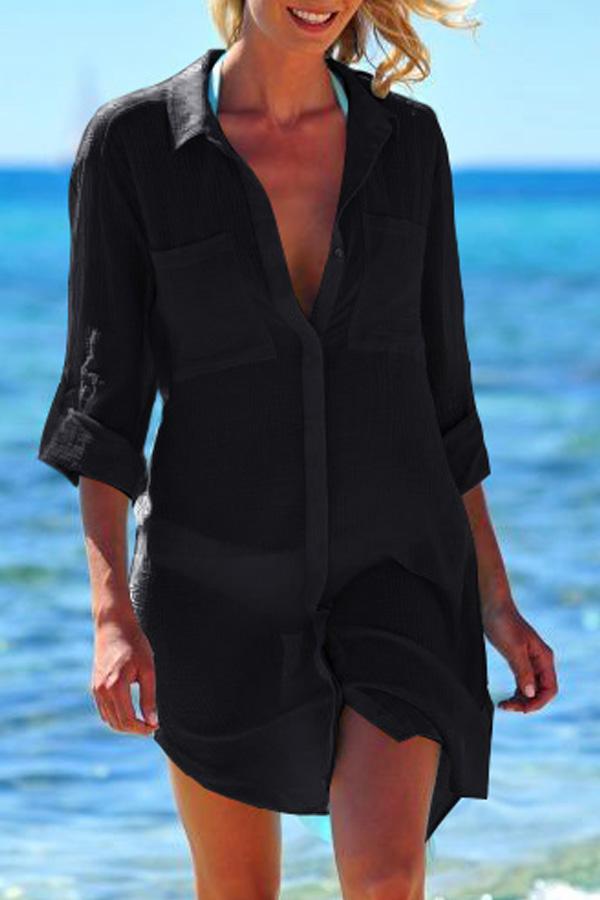 Vestido de playa unicolor, con mangas enrolladas